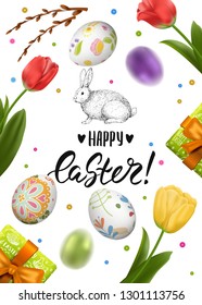 Vector card with realistic 3D eggs, gift box and flowers. Handwriting inscription Happy Easter and bunny. Blurred elements. Holiday background. Willow branches, tulips. Lettering, calligraphy.
