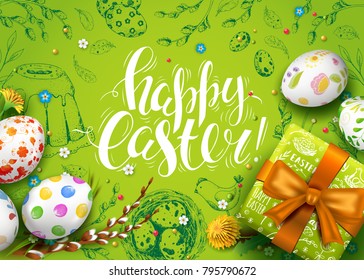 Vector card with realistic 3D eggs, gift box and flowers. Handwriting inscription Happy Easter. Green background. Willow branch and dandelions. Lettering, calligraphy.  Vintage hand drawn elements.