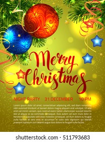 Vector card with realistic balls, garland, stars and fir tree. New Year party design template. Bright shiny golden background. Poster. Handwritten calligraphy inscription Merry Christmas.