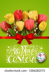 Vector card with realistic decorated egg, willow branches and tulips. Handwriting inscription Happy Easter. Colorful 3D illustration. Green background with flowers. Lettering, calligraphy. 