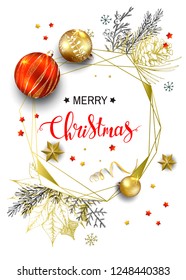 Vector card with realistic gold and red balls. Hand drawn conifers branches, fir, juniper, pine. 3D. Sketch vintage illustration. Polygonal frame. Handwriting calligraphy inscription Merry Christmas.