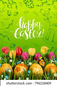 Vector card with realistic golden decorated 3D eggs, butterfly and tulips. Handwriting inscription Happy Easter. Green floral background. Lettering, calligraphy. Vintage hand drawn engraving elements.