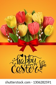 Vector card with realistic willow branches and tulips. Handwriting inscription Happy Easter. Colorful 3D illustration. Yellow background with flowers. Lettering, calligraphy. 