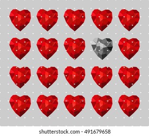 Vector card. Red hearts in a low triangle style. For Valentine's Day or a declaration of love