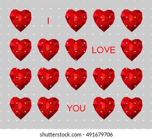 Vector card. Red hearts in a low triangle style. I love you. For Valentine's Day or a declaration of love
