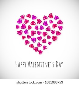 Vector card with Red and Pink 3d Hearts and text Happy Valentines Day. Isolated on white background. Romantic poster.