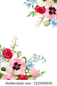 Vektorkarte mit rotem, rosafarbenem, weißem und blauem Mohn, Bluebell, Lilie-of-the-Tal und vergiss-me-not-Blumen. Grußkartendesign oder Einladungskartendesign
