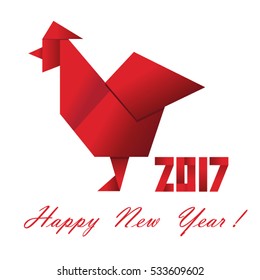 Vector card with a red rooster in the style of origami on a white background with the inscription