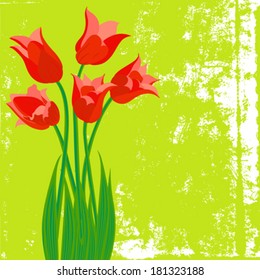 Vector card with red tulips on textured background.