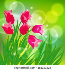 Vector card with red tulips on light green bokeh background.