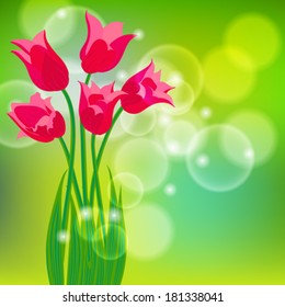 Vector card with red tulips on light green bokeh background. 