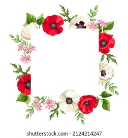 Vector card with red and white poppy flowers, small pink flowers, and green leaves. Greeting or invitation card design