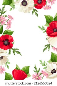 Vector card with red and white poppy flowers, small pink flowers, and green leaves. Greeting or invitation card design