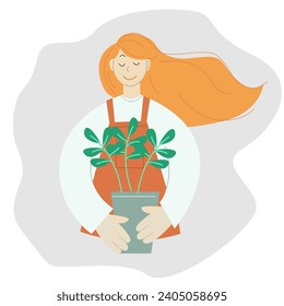 vector card with red-hair girl with flower pot in her hands