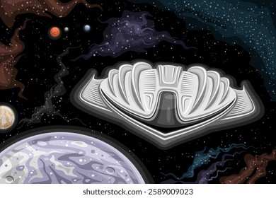 Vector card with research Space Ship, astronomical horizontal poster with cartoon design grey strange space ship, flying in deep space, interstellar cosmo rocket ship on black stellar space background