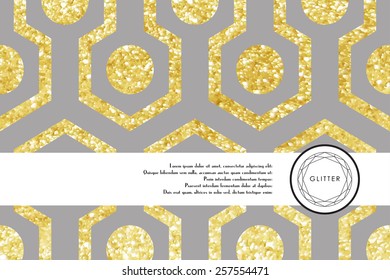 Vector card with a ribbon and decor in form of cut gems. Golden glitter geometric pattern.