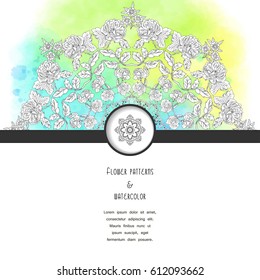 Vector card with ribbon and round pattern of roses. Watercolor background. Place for your text.