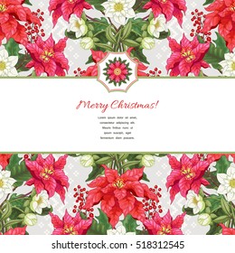 Vector card with ribbon for your text. Lines of poinsettia flowers, berries and hellebore. Scandinavian ornament on backdrop. Christmas collection. 