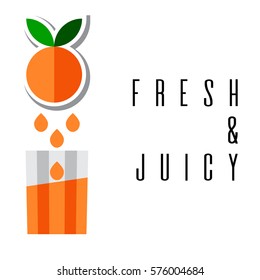 Vector card with ripe orange and falling drops of fresh Orange juice in cute glass. Good for design of menu, banner, poster, website, magazine, etc. Fresh orange juice background with place for text.
