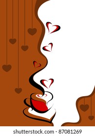 vector card with romantic coffee on hanging hearts background