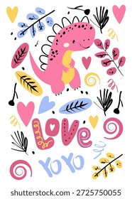 Tarjeta de Vector de dinosaurio romántico. Linda colección de Dino Doodle rosa para el día de San Valentín. Conjunto de dibujos animados de animales prehistóricos simples dibujados a mano para estampados infantiles de niñas