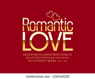 Vector card Romantic Love with Golden luxury Alphabet. Elegant glossy Font.
