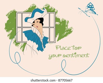 vector card in a romantic style with a butterfly flying around the girl