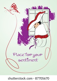 vector card in a romantic style with a butterfly flying around the girl