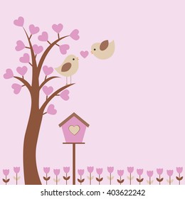 Vector card with a romantic theme. Love birds on a tree, next to the birdhouse among the flowers.