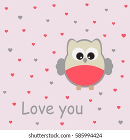 Vector card with a romantic theme. Love the owl on the background of hearts with inscription I love you.