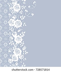 Vector card with roses, leaves, butterflies and lace. Floral gray and white background, seamless vertical border. Place for text.