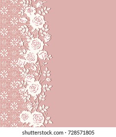 Vector card with roses, leaves and lace. Floral pink and white background, seamless vertical border. Place for text.