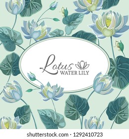Vector card with round banner on background of botanical motifs with blue lotus flowers.Vector greeting card or wedding invitation.