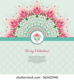 Vector card. Round fantasy floral pattern and ribbon. Delicate ornament on backdrop. All design elements consist of hearts. Wedding or Valentine's Day. Place for your text.