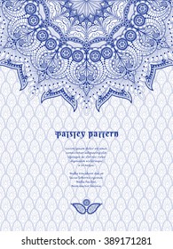 Vector card with round floral oriental pattern on traditional ethnic ornament background. Place for your text.