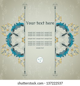 Vector card. Round vector  floral pattern on  vintage plaster background.  Hosta and lacewing.  Place for your text.