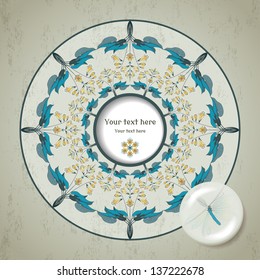 Vector card. Round floral pattern on  vintage plaster background. Hosta plant.  Decoration in the form of a lens with a lacewing inside. Frame for your text.