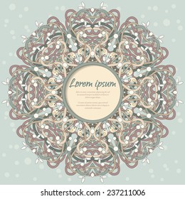 Vector card with round floral pattern. Delicate ornament with branches, mistletoe, birdhouse and birds. Place for your text. Perfect for greetings, invitations or announcements. 
