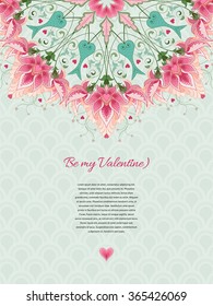 Vector card with round floral pattern in fantasy style. Delicate ornament on backdrop. Place for your text. All design elements consist of hearts. Wedding or Valentine's Day. 