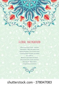 Vector card with round floral pattern with tulips. Delicate ornament on backdrop. Place for your text. 