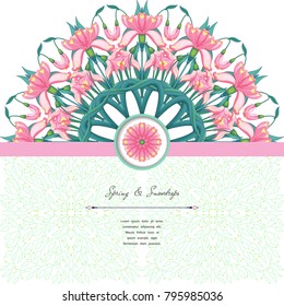 Vector card with round floral pattern and ribbon. Snowdrop flowers, leaves and branches. Place for your text. 