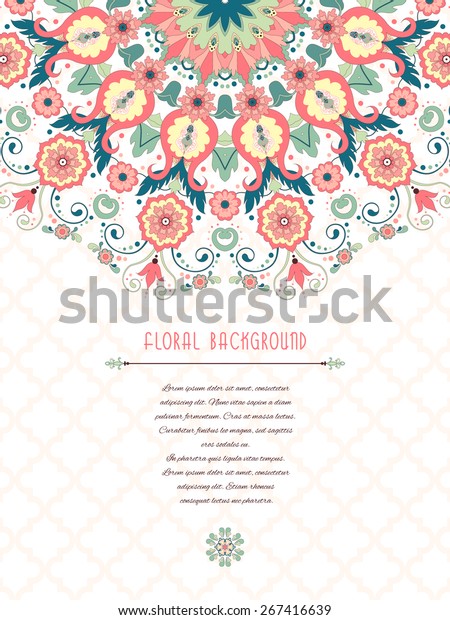 Vector card. Round floral\
pattern in modern style. Moroccan tiles ornament. Place for your\
text. 