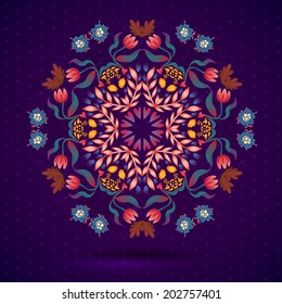 Vector card. Round oriental pattern on vintage background. Old paper, polka dot. Place for your text. Perfect for greetings, invitations or announcements.