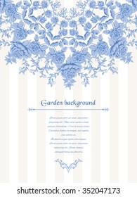 Vector card with round ornament of french roses in striped backdrop. Place for your text.