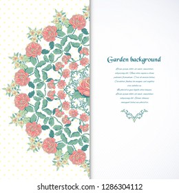 Vector card with round pattern of a bouquet french roses on polka dots background