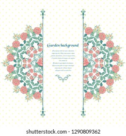 Vector card with round pattern of a bouquet french roses on polka dots background