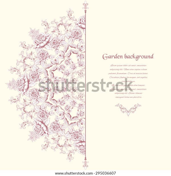 Vector card. Round pattern\
of a bouquet victorian garden roses. Hand drawing. Place for your\
text.