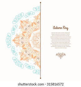 Vector card with round pattern. Contoured tree with acorns in the rain and the soil. Place for your text. Autumn theme. 