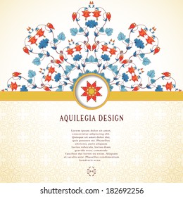Vector card. Round pattern in modern style. Delicate ornament against the background. Aquilegia plants contain flowers, buds and leaves. Perfect for invitations, announcement or greetings.