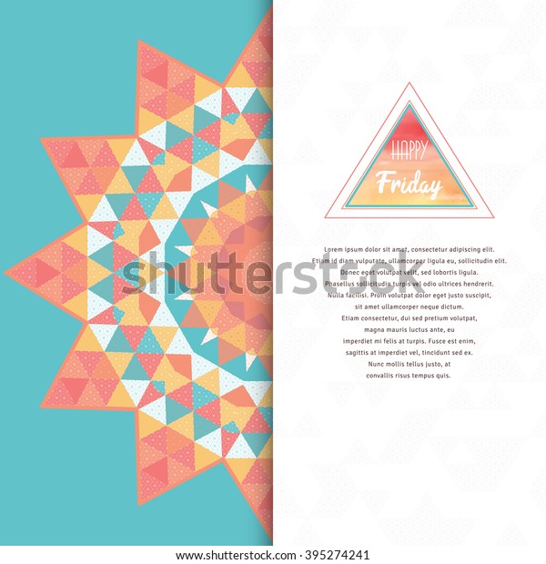 Vector card
with round pattern of multicolored triangles. Inscription 